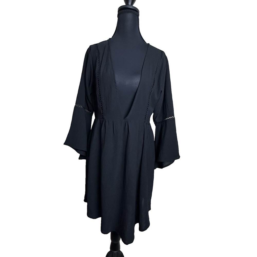 Boho Women's‎ Small Black Bell Sleeve Dress Crochet Trim V-Neck Festival Witchy